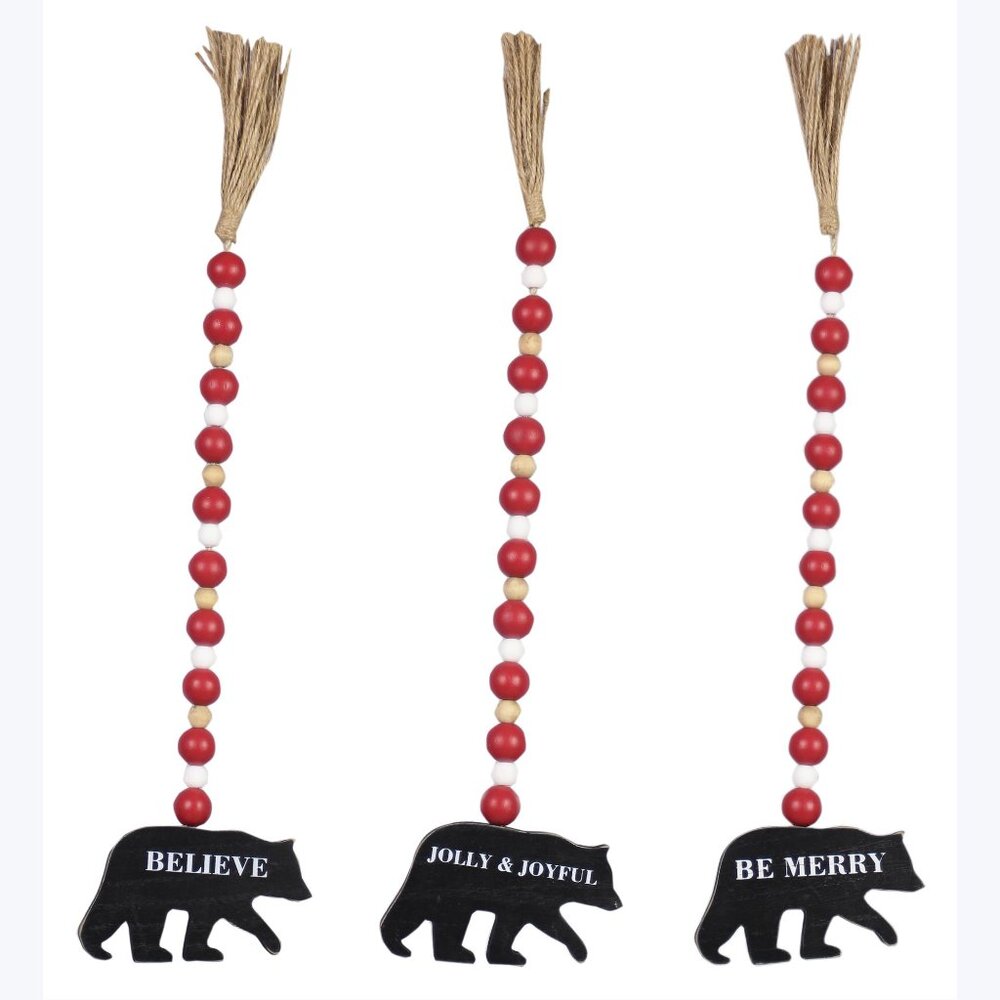Bear Wood Wall Garland Set of 3 with Festive Tassel, Beads, and Bears! NWT